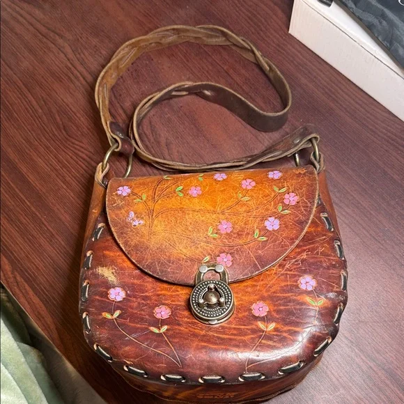 Floral Embroidered Brown Leather Bag 1970’s - Picture 1 of 4